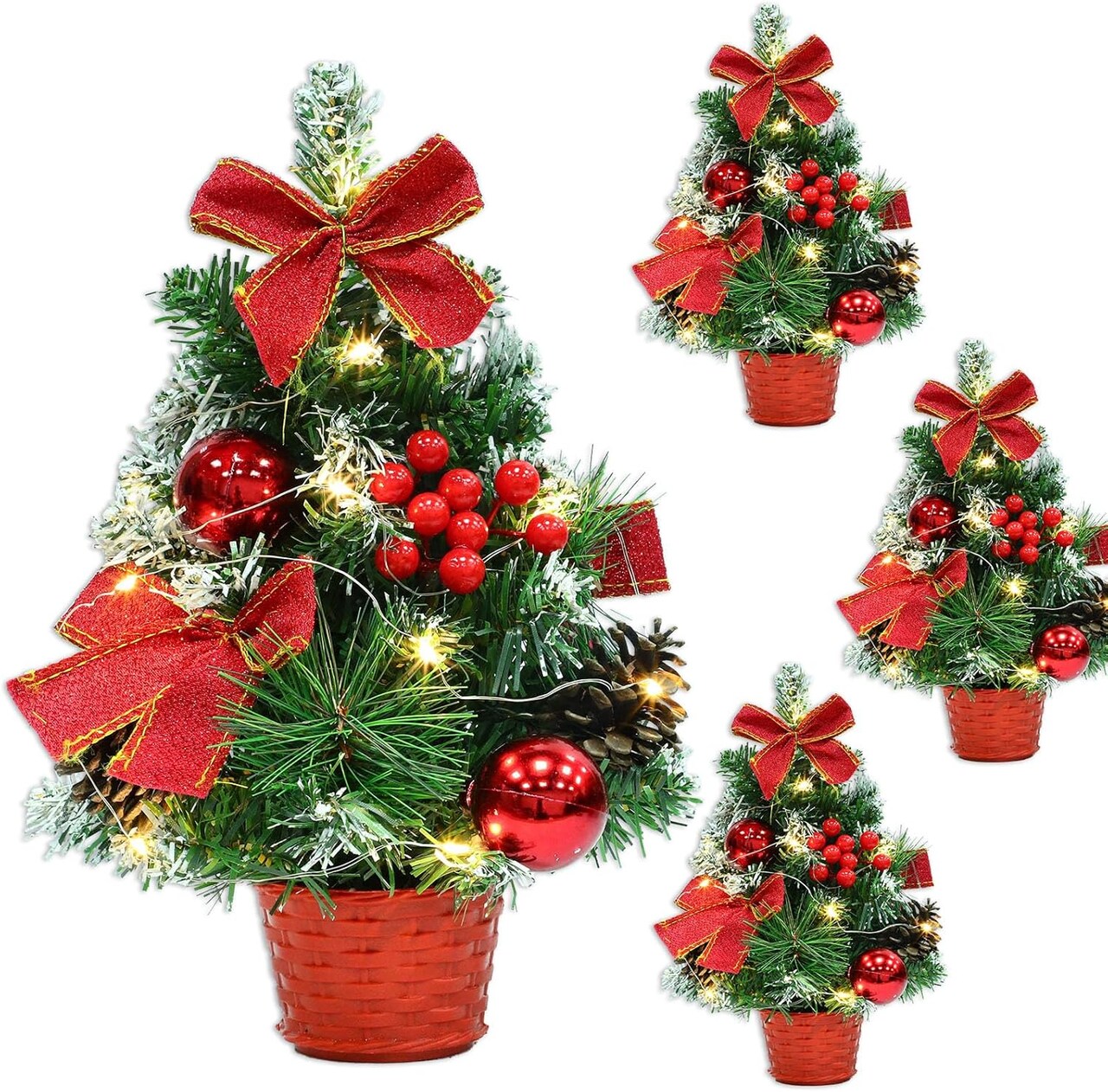 4 Pack 12 Inch Mini Christmas Trees with Lights Table Top (Green and Red) 6.3"D x 6.3"W x 12"H